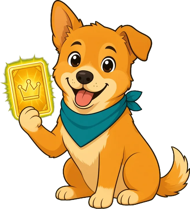 Caramelo, o cão mascote do Pupgoal, em uma carta colecionável